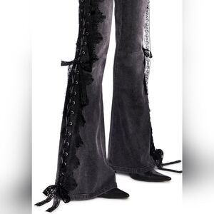 Dollskill Current Mood Across The Crowd XL Grey Denim Lace-Up Flare Pants
